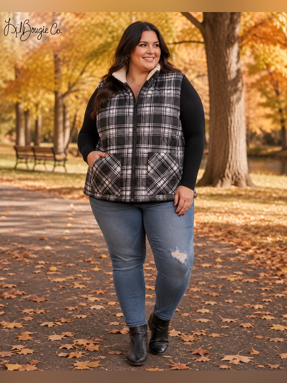 Maurice’s Black White Plaid Sherpa Lined Quilted Puffer Vest | Plus 2 (2X)